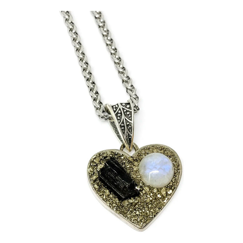 Collar Corazón Piedra Turmalina, Adularia Y Pirita + Cadena Corazón Pirita Turmalina Adularia