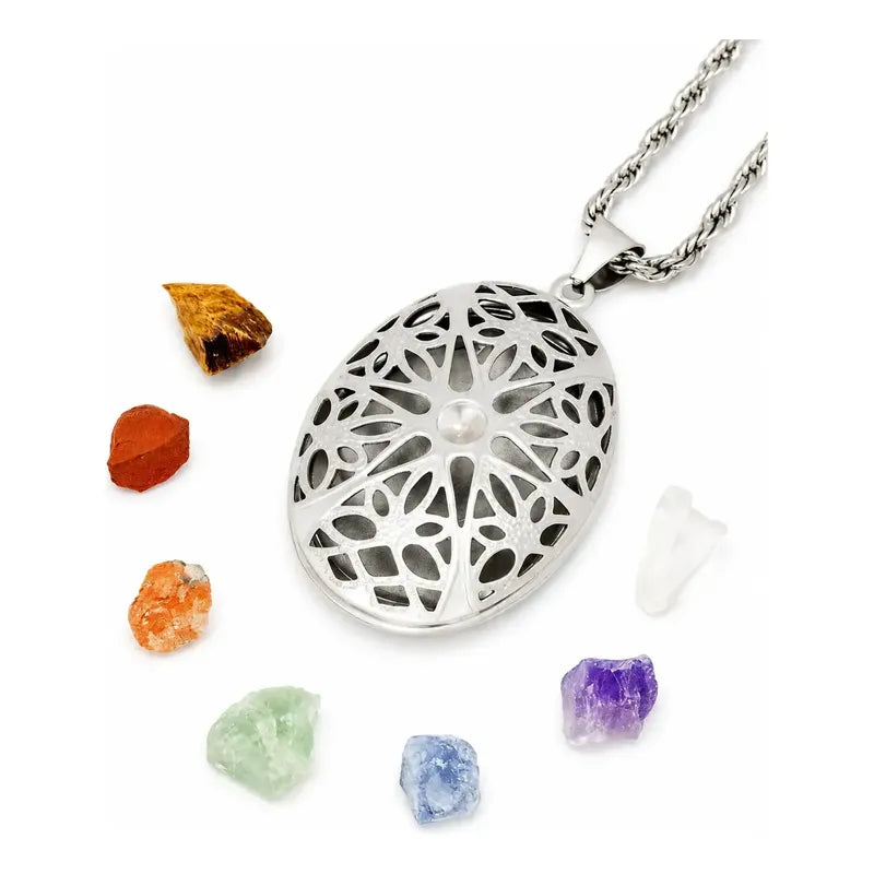 Collar Relicario Piedras Naturales 7 Ckakras Todo De Acero Ovalado