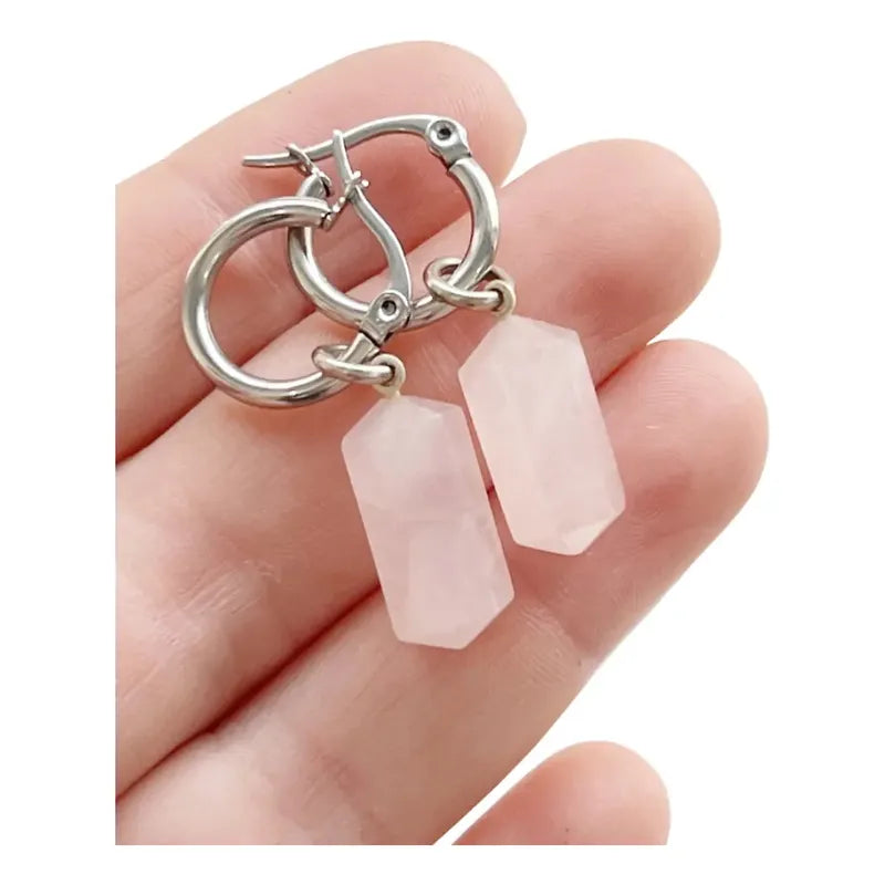 Aros Mujer Bastón Cuarzo Rosa Auténtica Acero Quirúrgico Cuarzo Rosa