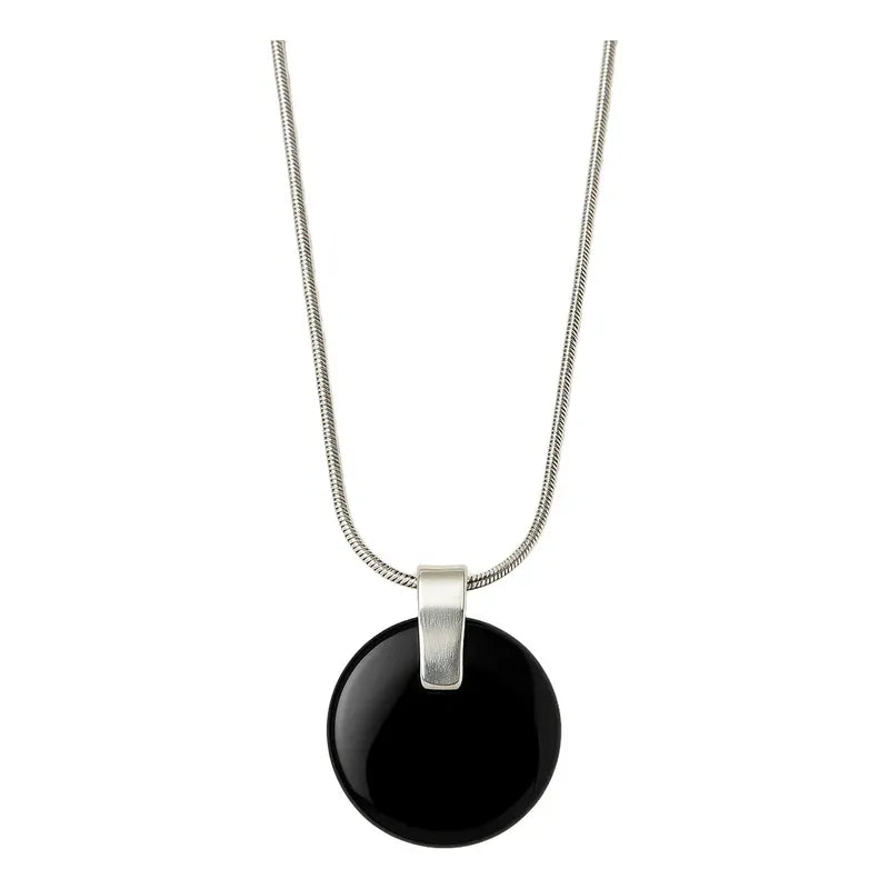 Collar Medallón De Piedra Obsidiana + Cadena De Acero Obsidiana