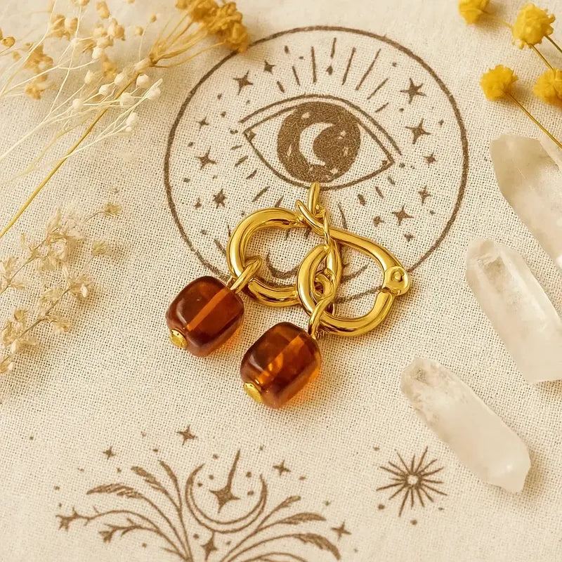 Aros De Acero Quirúrgico Con Piedra Ámbar Auténtica Aro Dorado