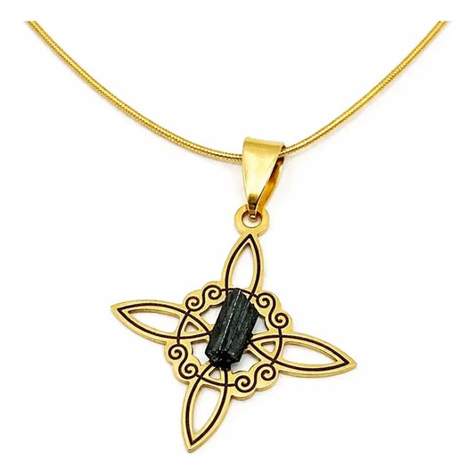 Collar Protección Nudo De Bruja Turmalina + Cadena De Acero Nudo De Bruja Y Turmalina