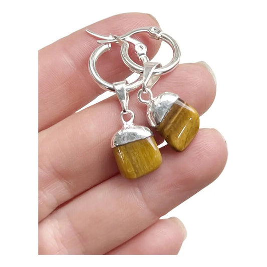 Aros Equilibrio Piedra Natural Ojo De Tigre C/ Baño De Plata Aros Ojo De Tigre