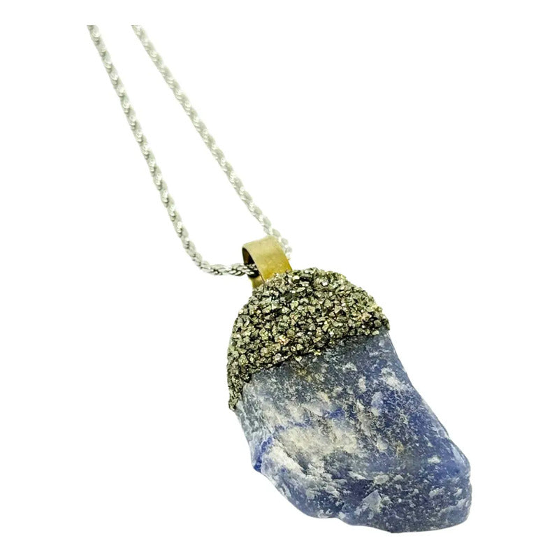 Collar Calma De Cristal En Bruto Cuarzo Azul Pirita Y Cadena Cuarzo Azul