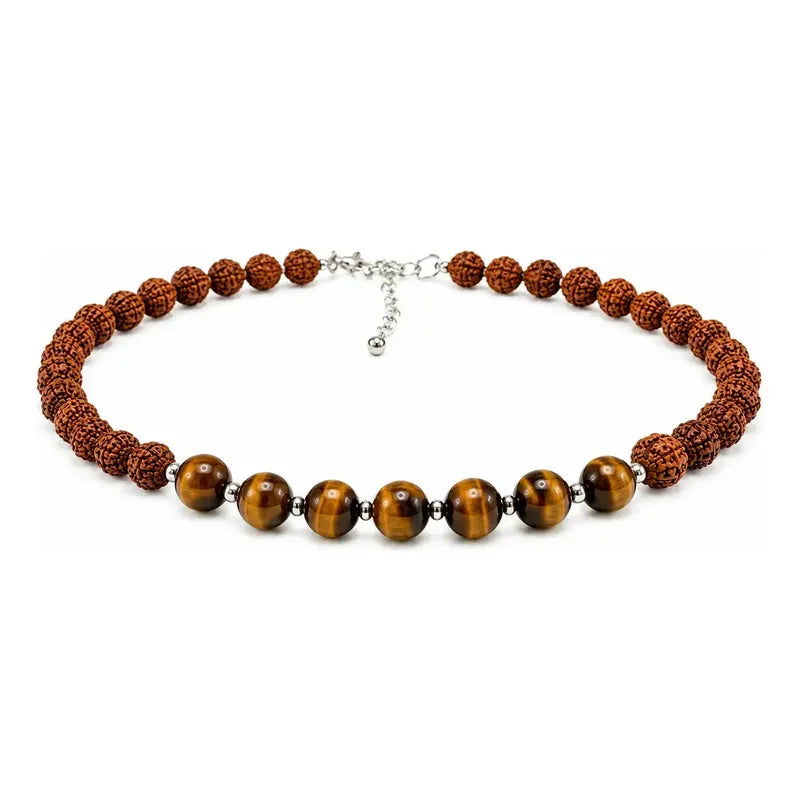 Collar Choker Mini Cuentas Piedras Naturales Delicado 40 Cm Rudraksha Y Ojo De Tigre 8 Mm Rudraksha Ojo De Tigre 8 Mm.