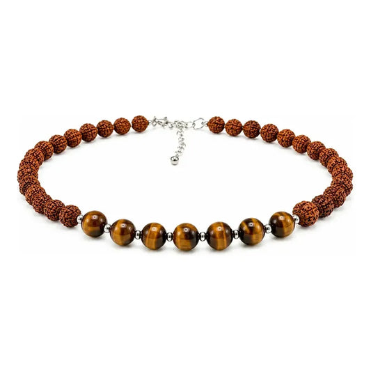 Collar Choker Mini Cuentas Piedras Naturales Delicado 40 Cm Rudraksha Y Ojo De Tigre 8 Mm Rudraksha Ojo De Tigre 8 Mm.