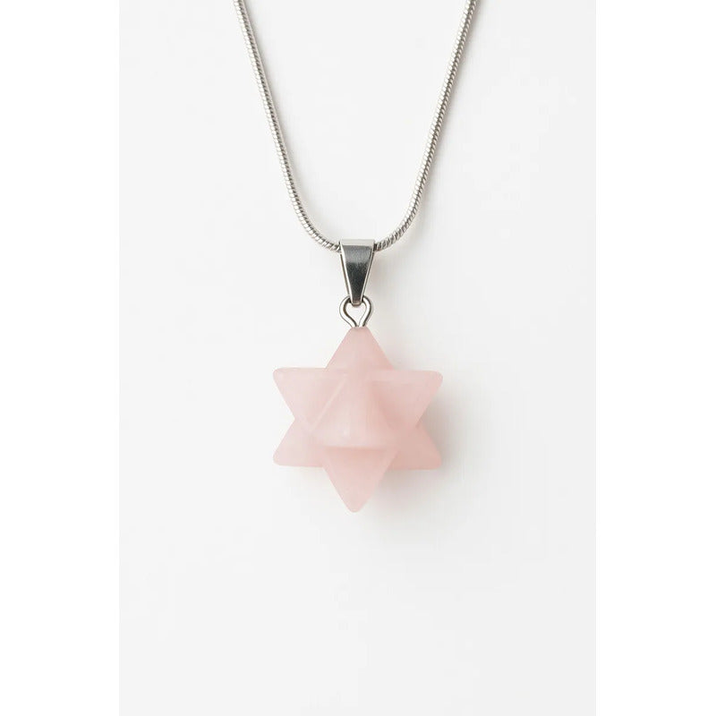 Collar De Piedra Natural Estrella Merkaba + Cadena Acero Color Cuarzo Rosa