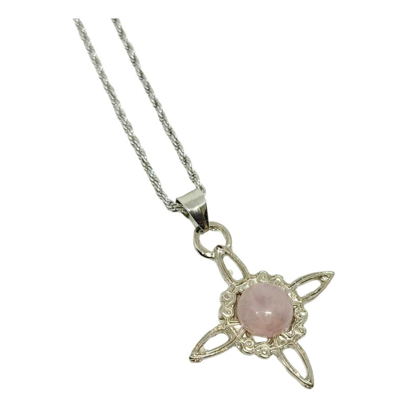 Collar Protección Nudo De Bruja Cuarzo Rosa Cadena De Acero