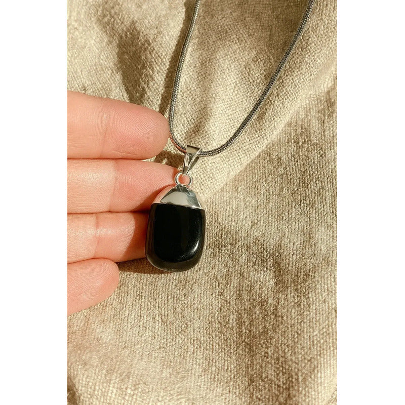 Collar Piedra Natural Ónix Negro + Cadena Onix Negro