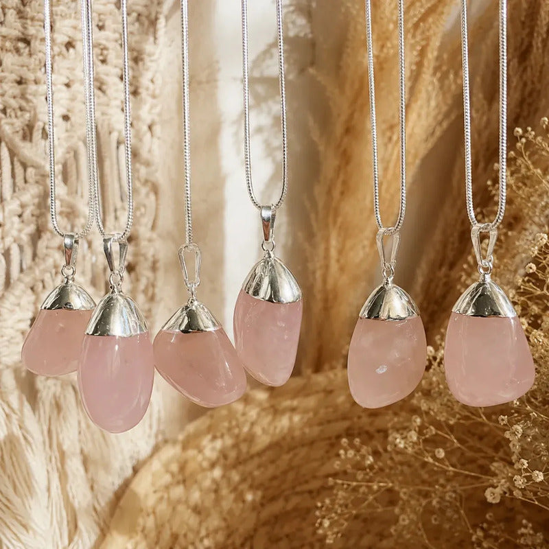 Collar Protector Amor Propio Cristal Cuarzo Rosa + Cadena De Acero Cuarzo Rosa