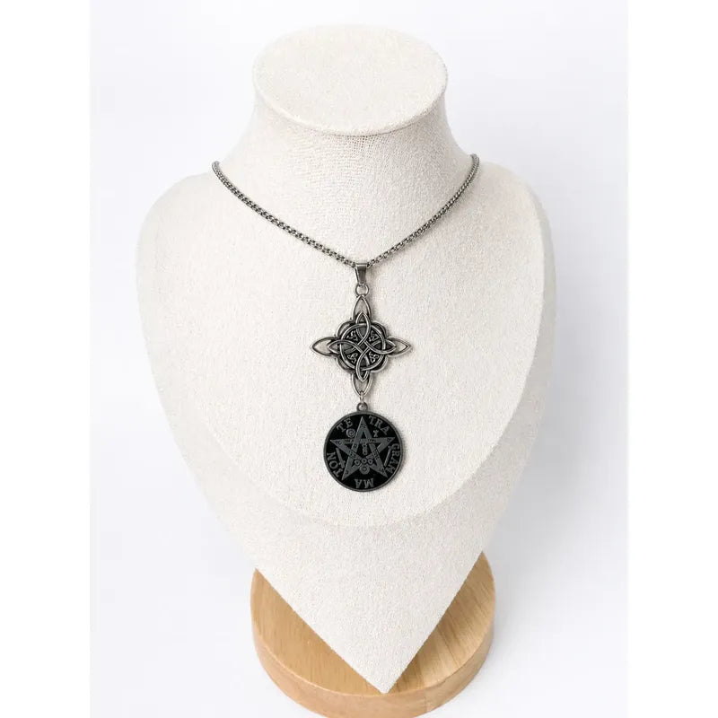 Collar Doble Protección Nudo De Bruja Y Tetramatón Acero Plateado