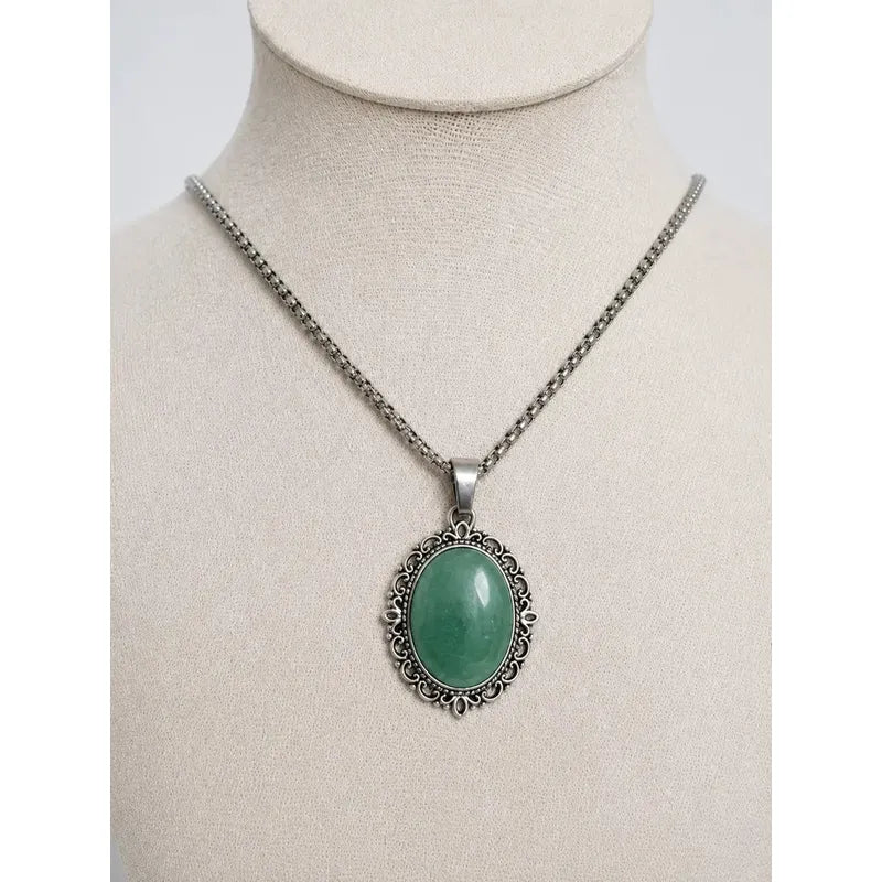Collar Sanación Cuarzo Verde Con Cadena De Acero 50 Cm Camafeo Cuarzo Verde