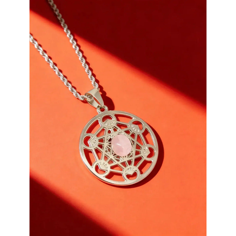 Collar Cubo De Metatron Grande Con Cuarzo Rosa + Cadena Metatron Cuarzo Rosa
