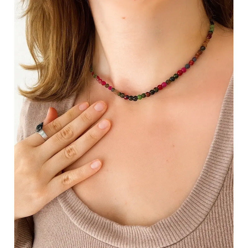 Collar Choker Mini Cuentas Piedras Naturales Delicado 40 Cm Mix De Turmalinas