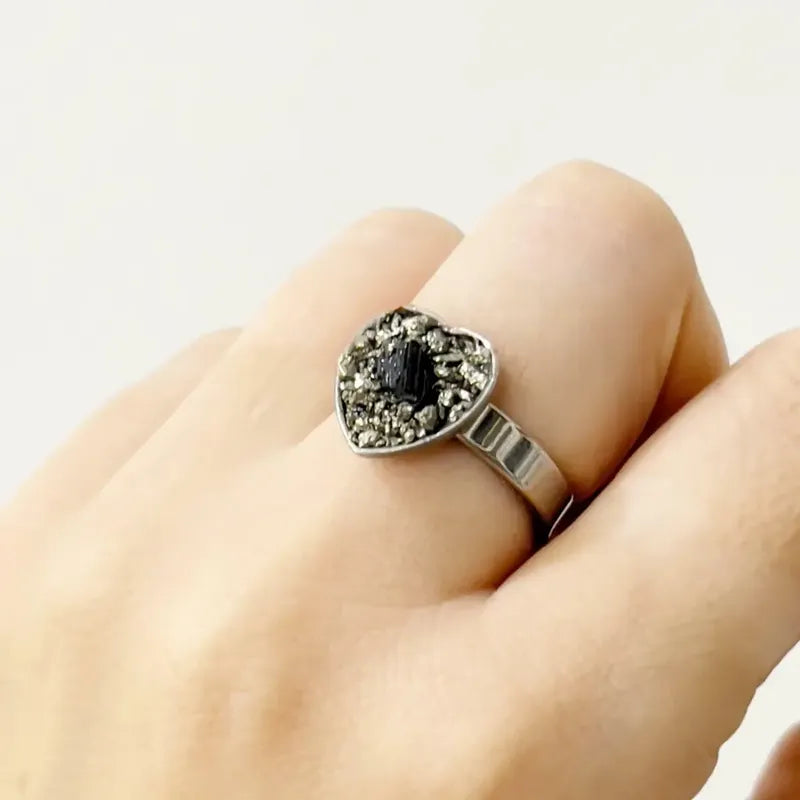 Anillo Piedras Naturales Mujer Turmalina Pirita Crisocola