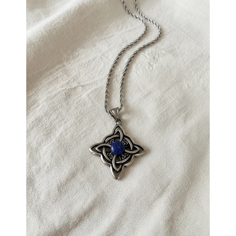 Collar Nudo De Bruja Piedra Lapislázuli + Cadena De Acero Nudo De Bruja Y Lapislázuli