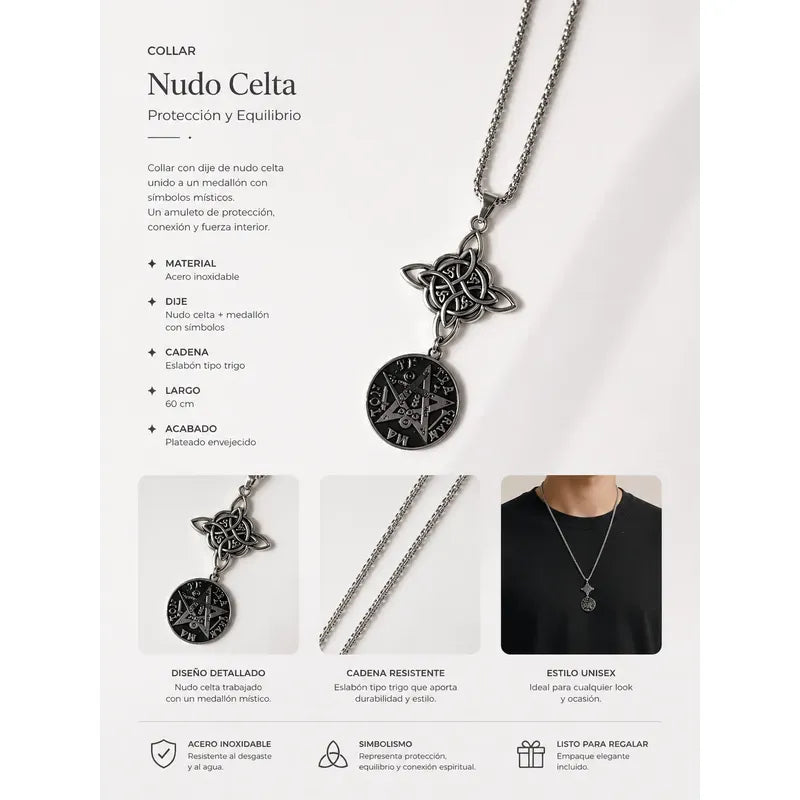 Collar Doble Protección Nudo De Bruja Y Tetramatón Acero Plateado