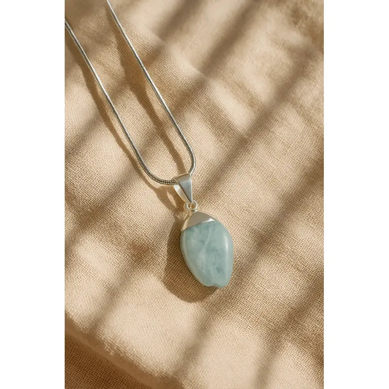 Collar Piedra Auténtica De Aguamarina Con Cadena De Acero