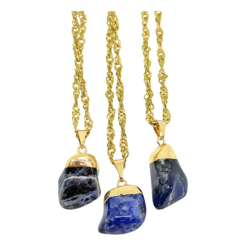 Collar Piedra Sodalita Piedra Natural + Cadena Acero Dorado Sodalita Rolada Dorado