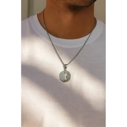 Collar Completo Medalla San Benito Unisex Acero Protección Acero Quirúrgico