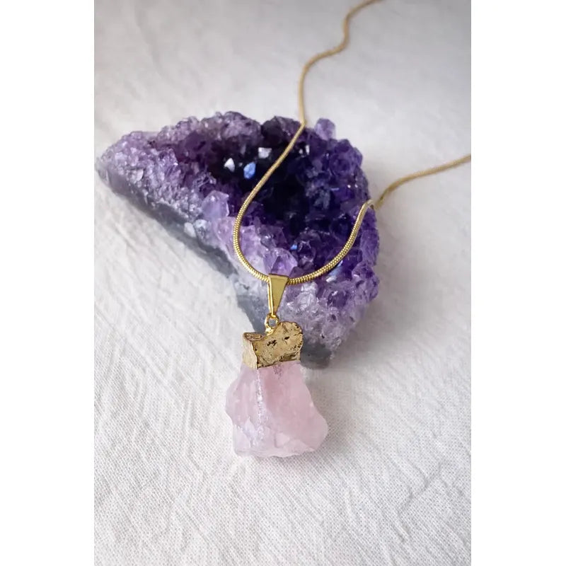 Collar Cuarzo Rosa Piedra Natural Bruto Dorado Con Cadena Cuarzo Rosa