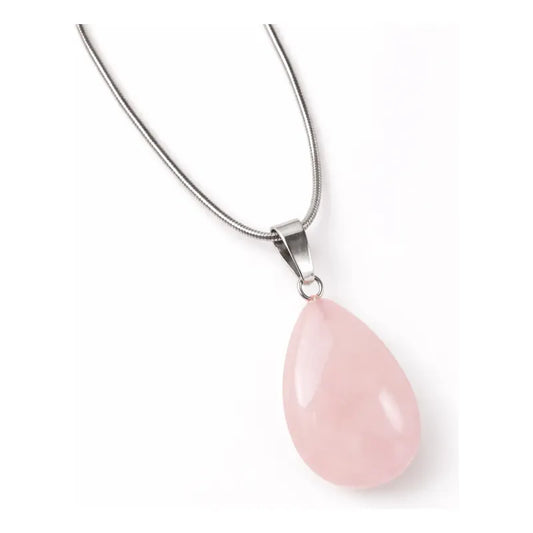 Collar Gota De Piedra Natural Con Cadena Acero Cuarzo Rosa - Amor