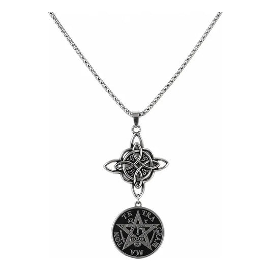 Collar Doble Protección Nudo De Bruja Y Tetramatón Acero Plateado