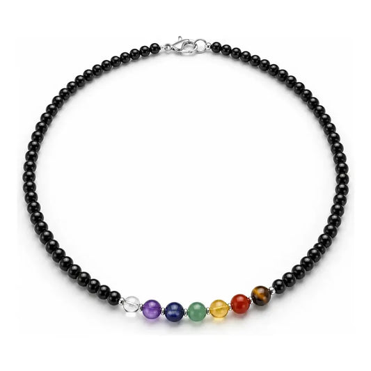Collar Choker Mini Cuentas Piedras Naturales Delicado 40 Cm Obsidiana Y 7 Chakras Obsidiana 7 Chakras