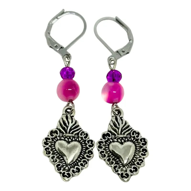 Aros Colgantes Esferas Ágata Fucsia Y Corazón - Positividad Corazón Ágata