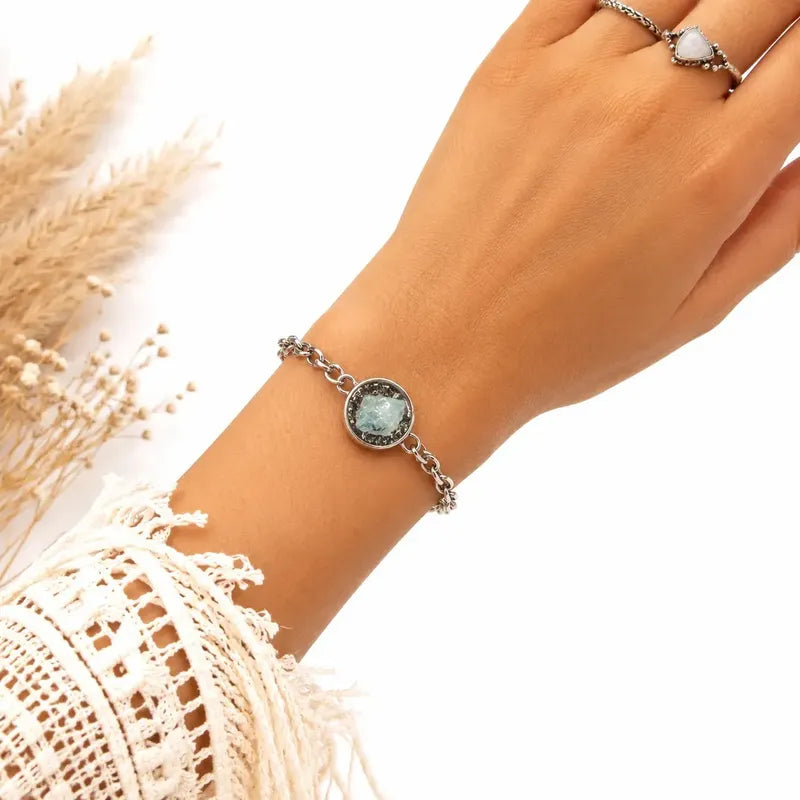 Pulsera Amuleto Protección Con Dije De Turmalina Y/o Pirita Color Pirita Y Aguamarina Diámetro 8 Cm Largo 23 Cm