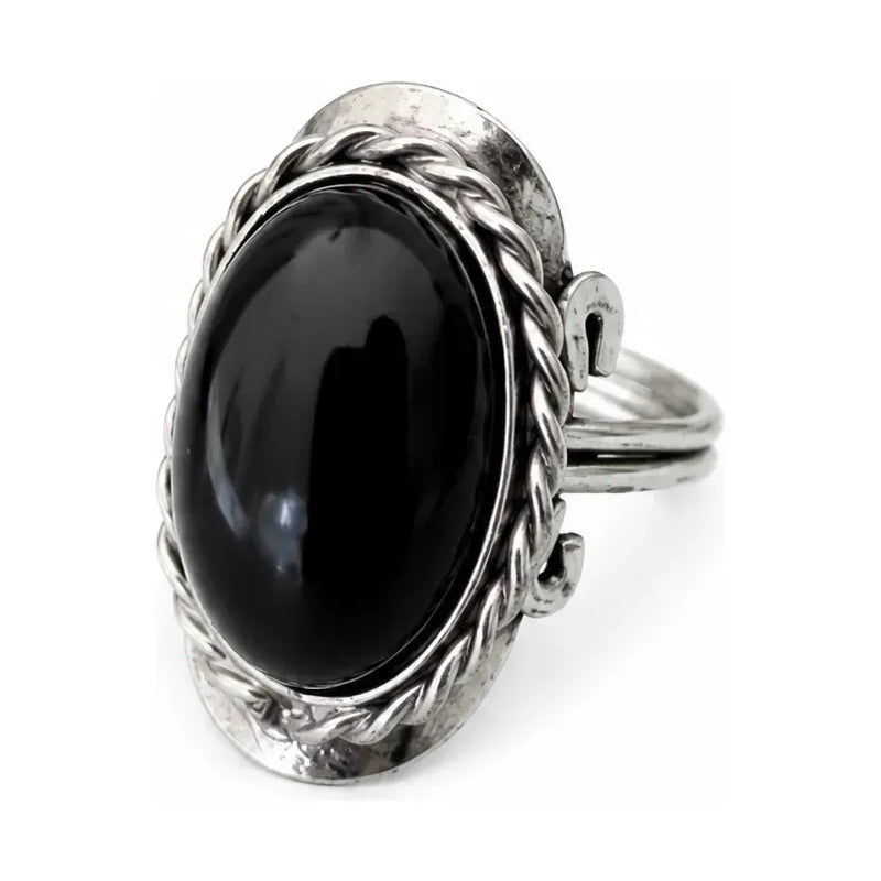 Anillo Alpaca Regulable Con Piedra Onix Negro - Protección Onix Unico Regulable Único Ajustable
