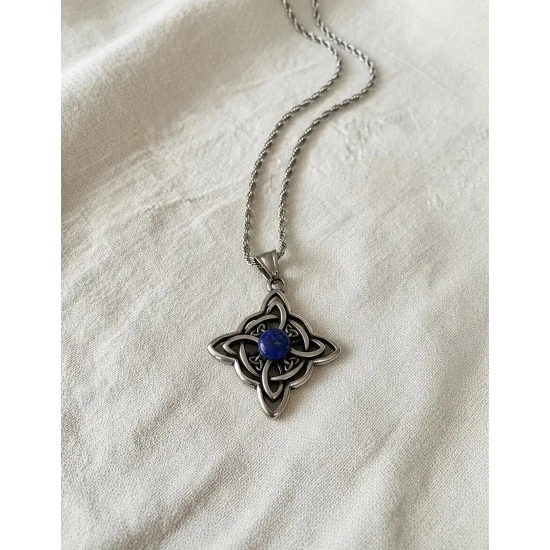 Collar Nudo De Bruja Piedra Lapislázuli + Cadena De Acero Nudo De Bruja Y Lapislázuli