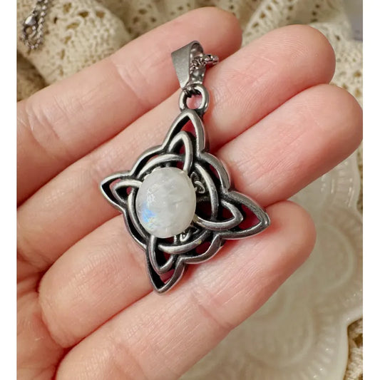 Collar Nudo De Bruja Adularia Piedra De La Luna + Cadena Nudo De Bruja Y Adularia