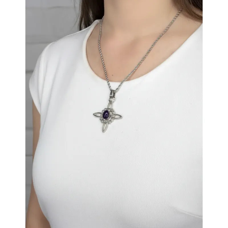 Collar Protección Nudo De Bruja + Amatista + Cadena De Acero Nudo De Bruja Y Amatista