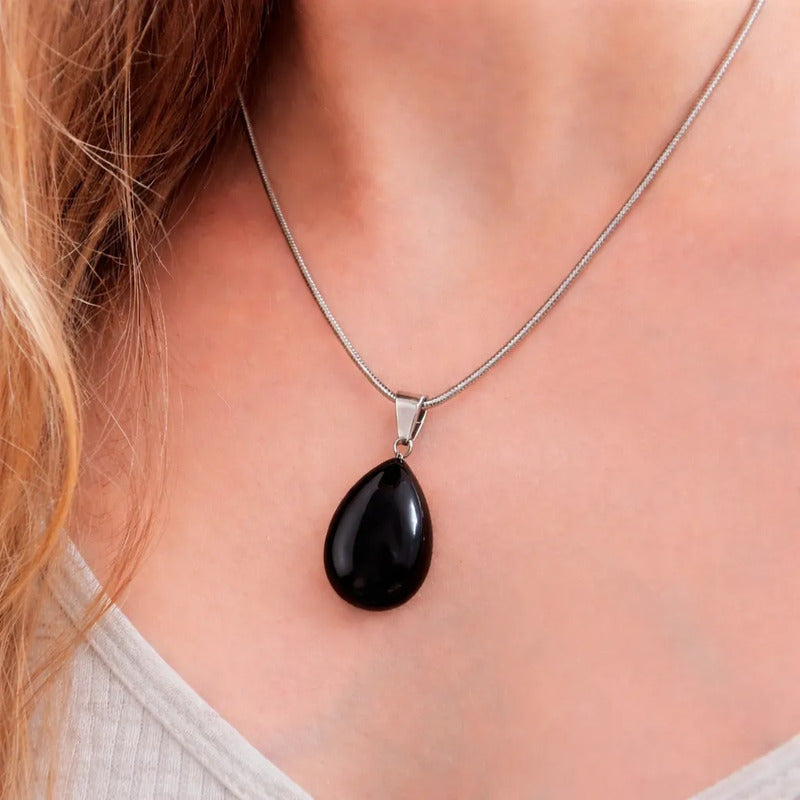 Collar Gota De Piedra Natural Con Cadena Acero Obsidiana