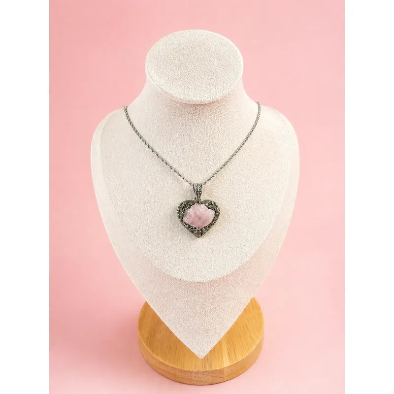 Collar Amor Y Abundancia Corazón Cuarzo Rosa + Pirita Corazón Cuarzo Y Pirita