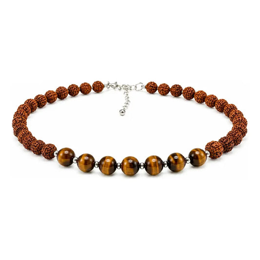 Collar Choker Mini Cuentas Piedras Naturales Delicado 40 Cm Rudraksha Y Ojo De Tigre 8 Mm.