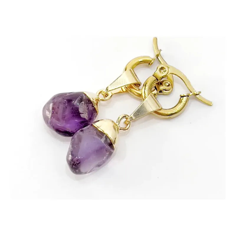 Aros De Cristal Amatista Rolado Y Acero Quirúrgico Dorado