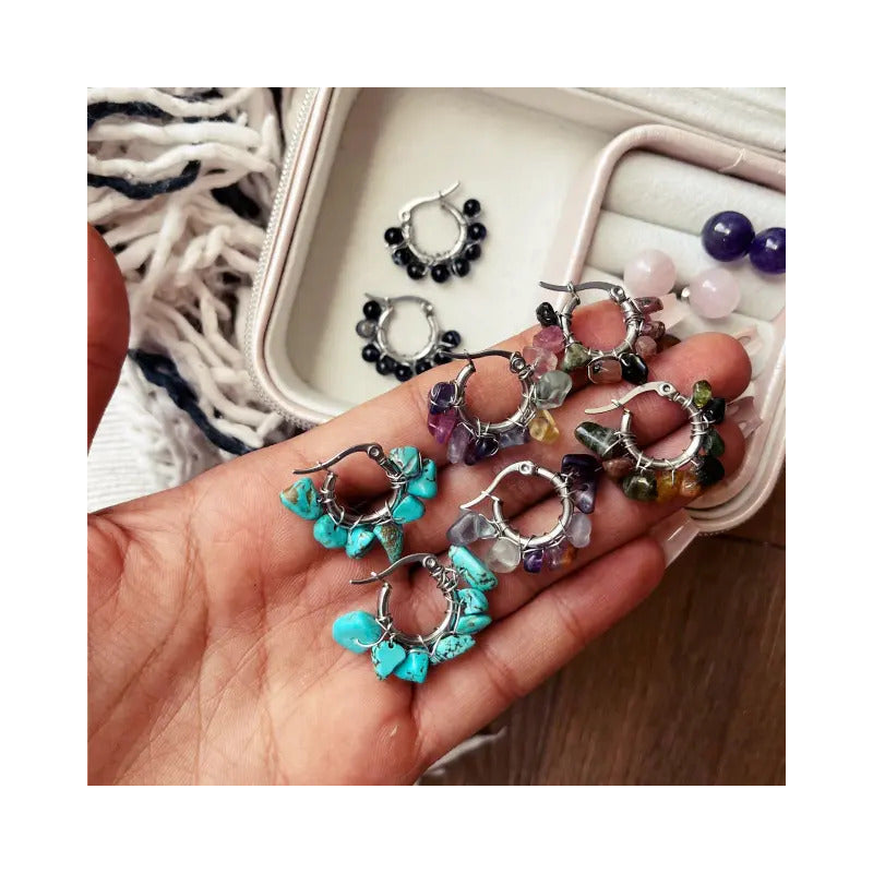 Par De Aros Argollitas Boho De Piedras Naturales A Elección