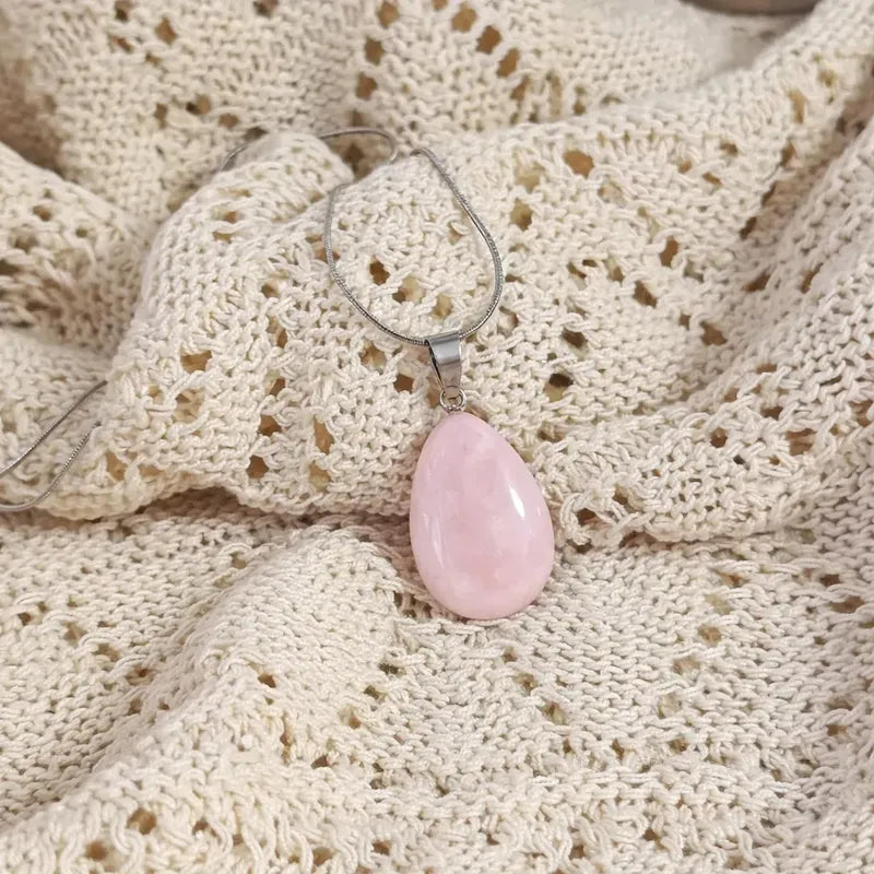 Collar Gota De Piedra Natural Con Cadena Acero Cuarzo Rosa - Amor