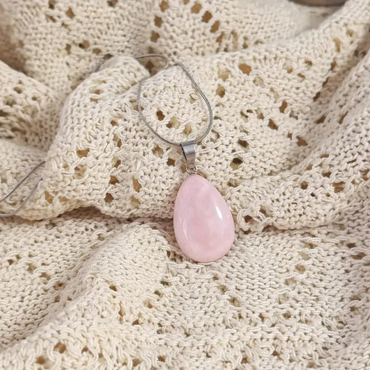 Collar Gota De Piedra Natural Con Cadena Acero Cuarzo Rosa - Amor