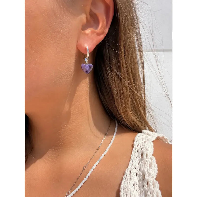 Aros Mujer De Amatista Piedra Natural Acero Quirúrgico Plata Amatista
