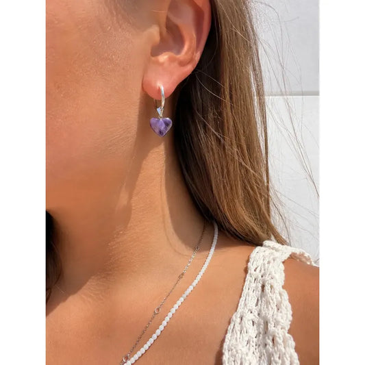Aros Mujer De Amatista Piedra Natural Acero Quirúrgico Plata Amatista
