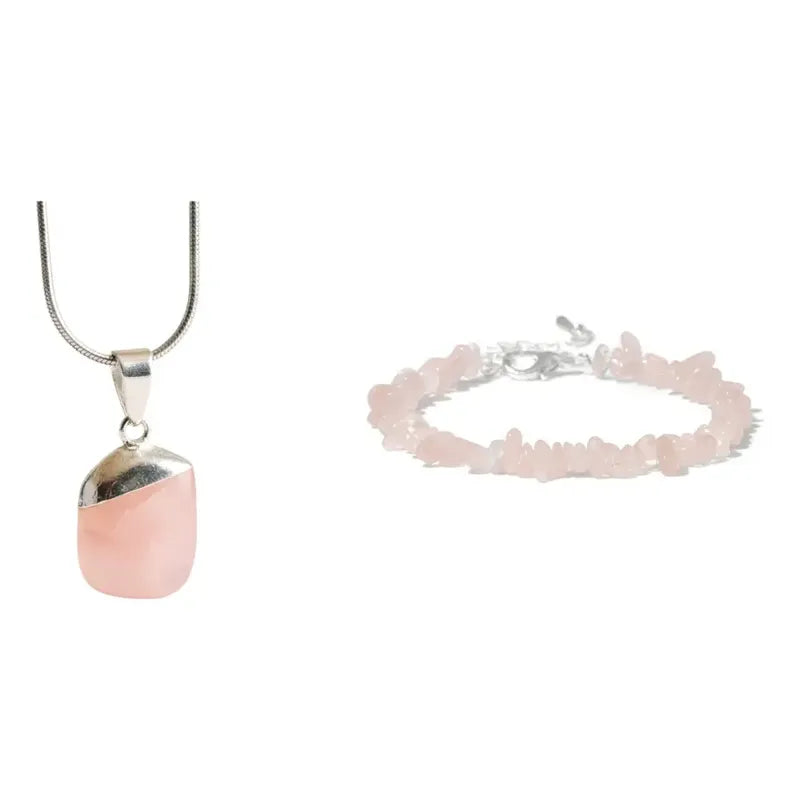 Kit Cuarzo Rosa: Collar Cristal Cuarzo Rosa + Pulsera Piedras Naturales Cuarzo Rosa