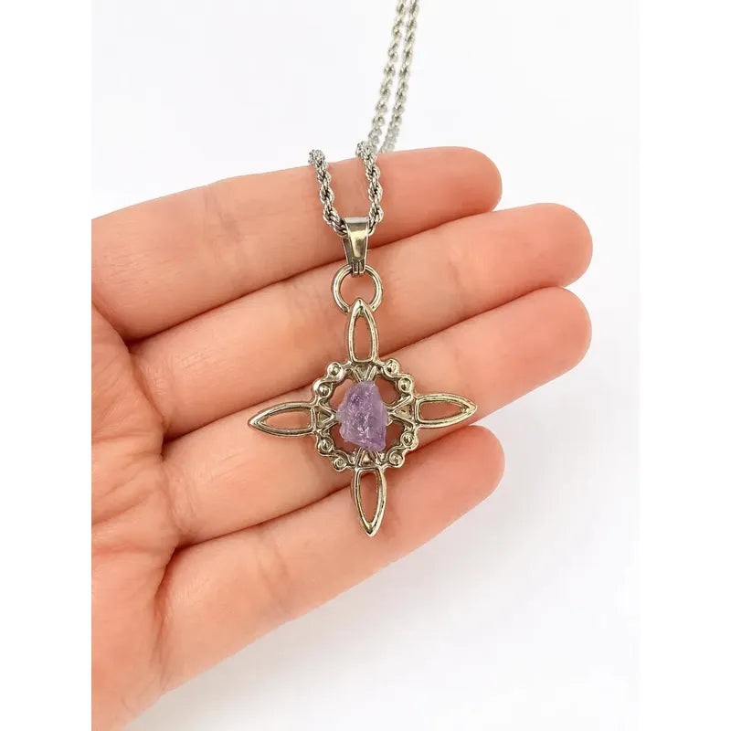Collar Protección Nudo De Bruja + Amatista Y Cadena De Acero Nudo De Bruja Piedra Bruto