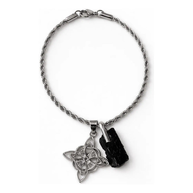 Pulsera Amuleto  Protectora Nudo De Bruja Y Turmalina Acero Nudo De Bruja Turmalina 9 Cm 19 Cm