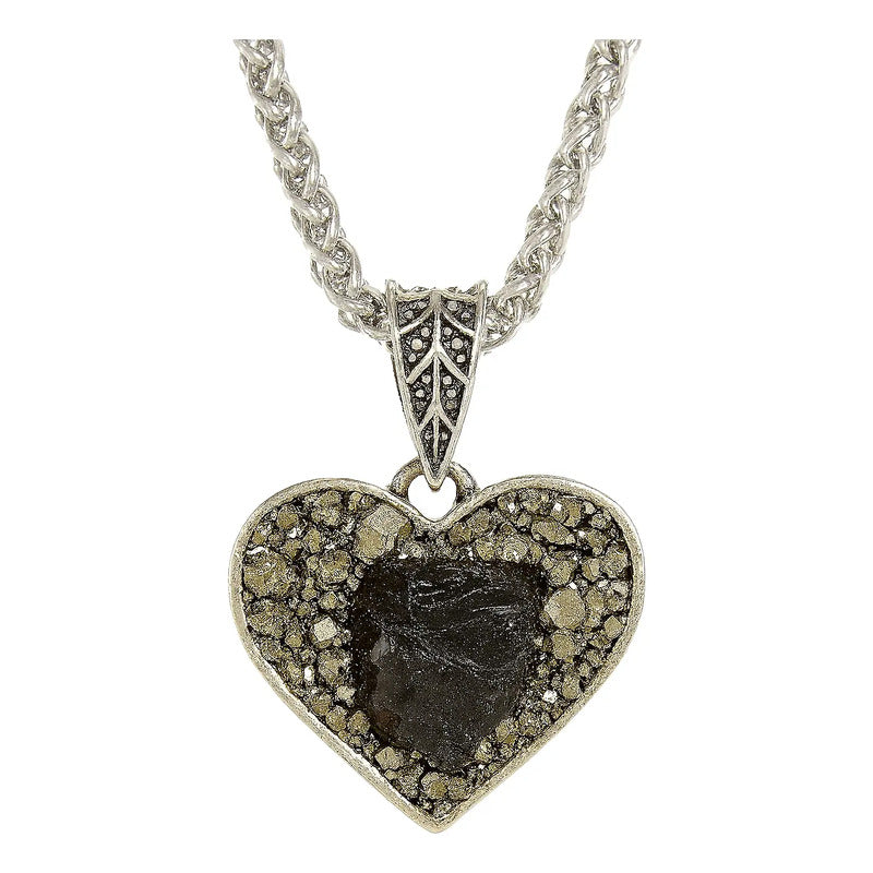Collar Corazón Con Pirita + Obsidiana Y Cadena De Acero Nudo De Bruja Obsidiana