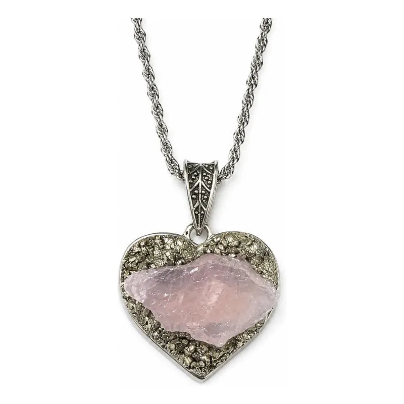 Collar Amor Y Abundancia Corazón Cuarzo Rosa + Pirita Corazón Cuarzo Y Pirita