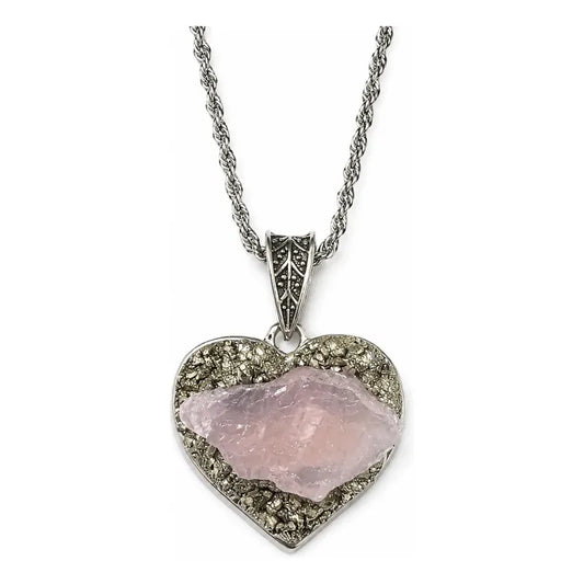 Collar Amor Y Abundancia Corazón Cuarzo Rosa + Pirita Corazón Cuarzo Y Pirita