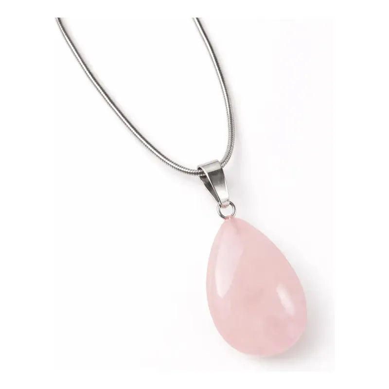 Collar Gota De Piedra Natural Con Cadena Acero Cuarzo Rosa - Amor